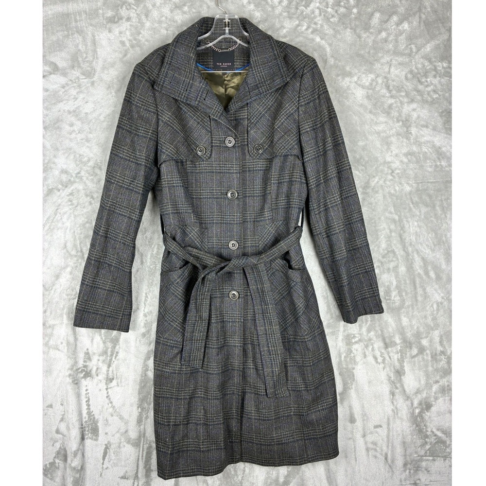 Ted Baker London Womens Grey Plaid Wool Blend‎ Belted Trench Coat Size 3 US 8